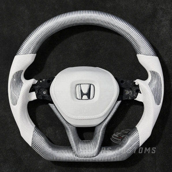 Honda Accord 10th Gen custom steering wheel with silver carbon fiber and white leather for 2018–2022 models with optional leather airbag cover.