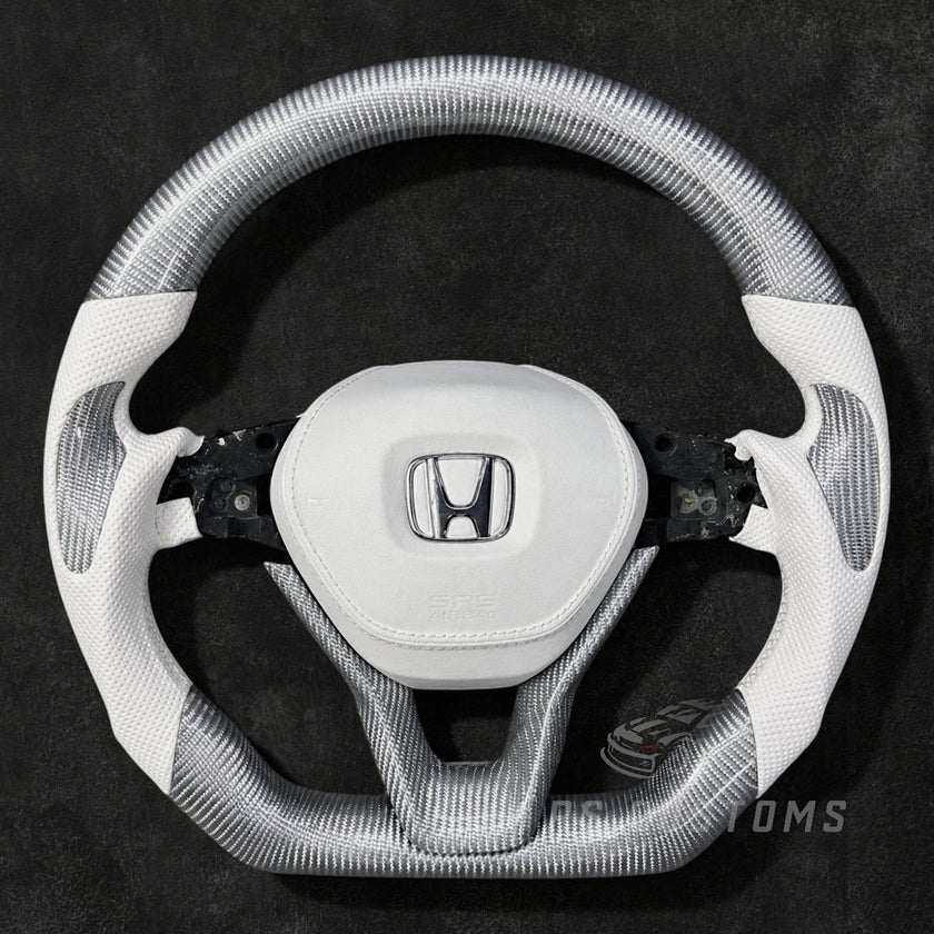 Honda Accord 10th Gen custom steering wheel with silver carbon fiber and white leather for 2018–2022 models with optional leather airbag cover.