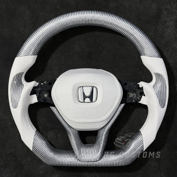 Honda Accord 10th Gen custom steering wheel with silver carbon fiber and white leather for 2018–2022 models with optional leather airbag cover.