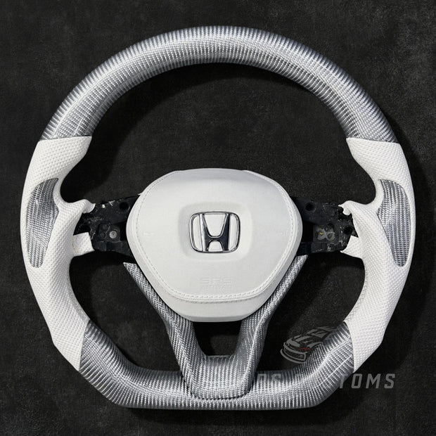 Honda Accord 10th Gen custom steering wheel with silver carbon fiber and white leather for 2018–2022 models with optional leather airbag cover.