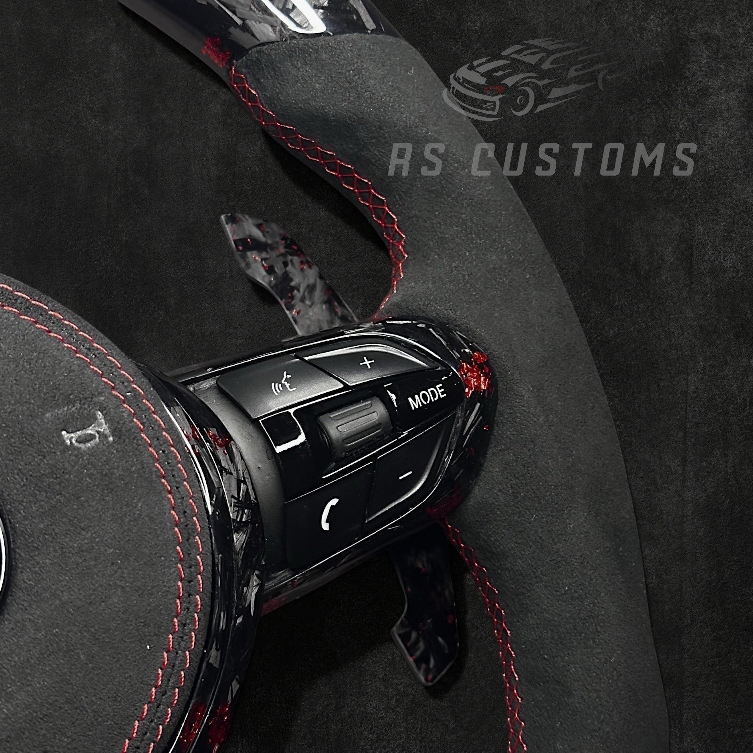 RS Customs BMW F-Series custom steering wheel with forged carbon fiber, customizable colored flakes, Alcantara grips, integrated LED display, optional heating and paddle shifters.