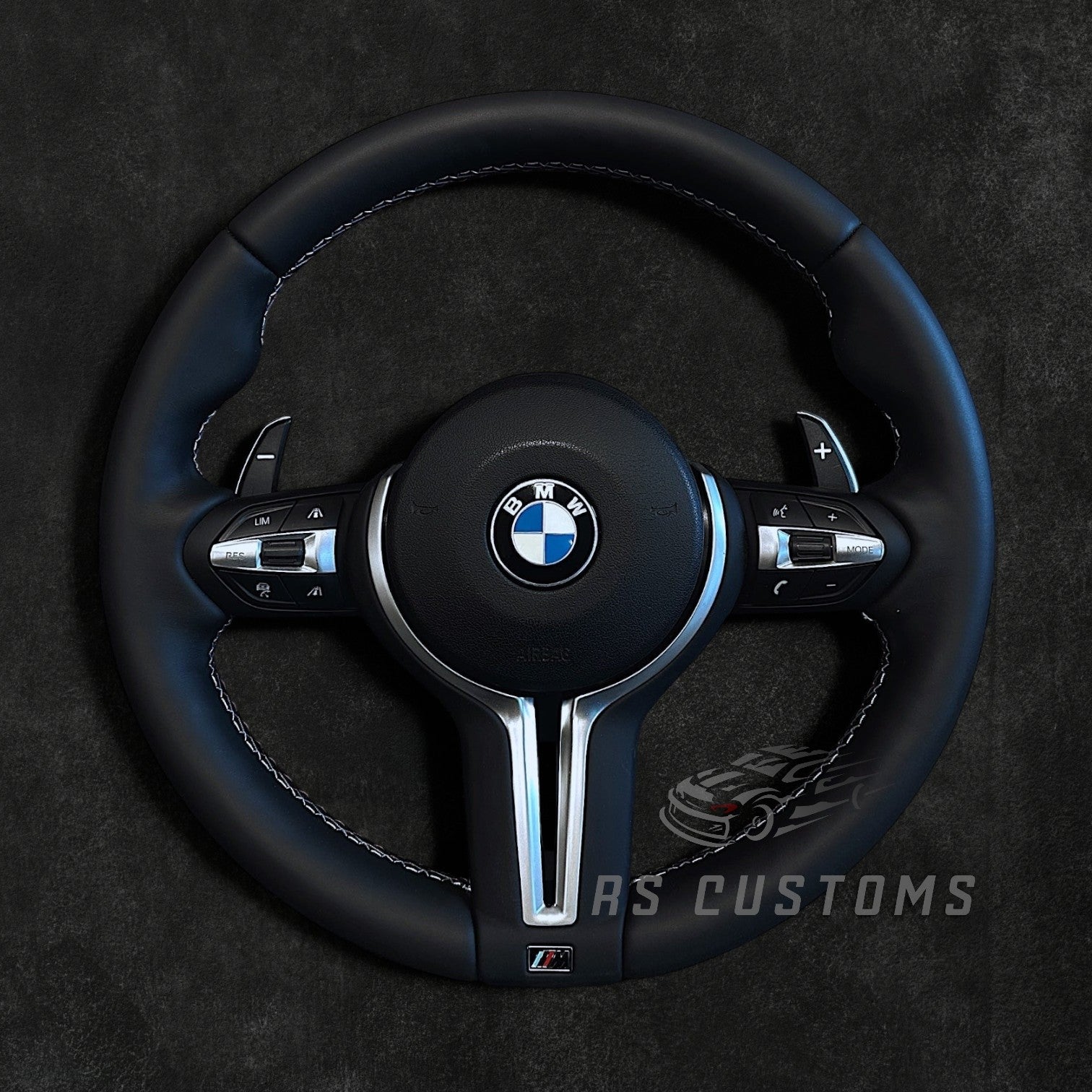 RS Customs BMW F-Series LCI custom steering wheel with full leather finish, M stitching and OEM look for F20, F30, F32, F80, F82 and other BMW F-Series models.