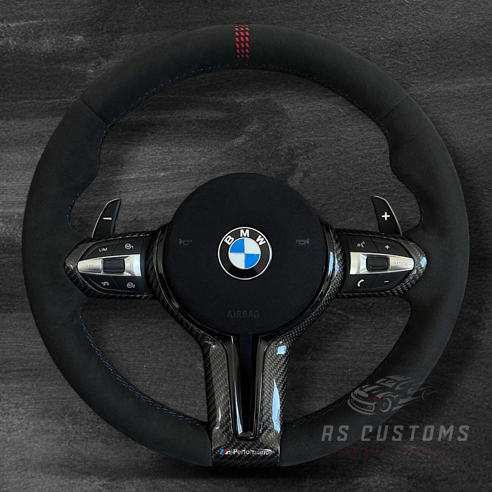 BMW F-Serie CS-Style Alcantara Ratt m/ Rød CS Stripe Karbon Deksel og M-Sømmer