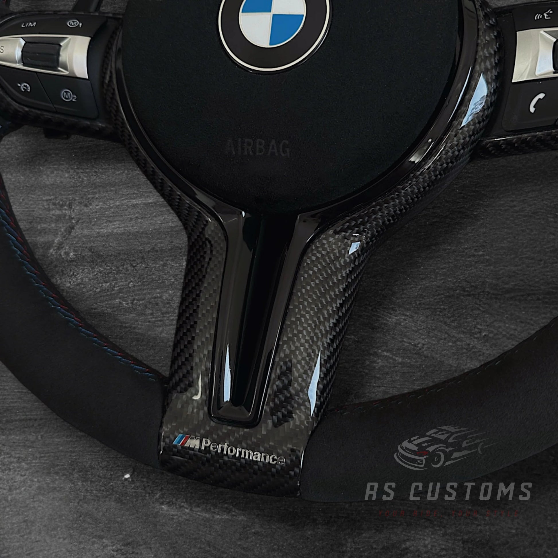 BMW F-Serie CS-Style Alcantara Ratt m/ Rød CS Stripe Karbon Deksel og M-Sømmer