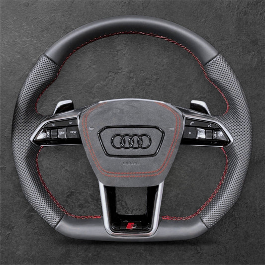 Audi C8 Flat Bunn Skinn Ratt m/ Rød Detaljer og Alcantara Airbag