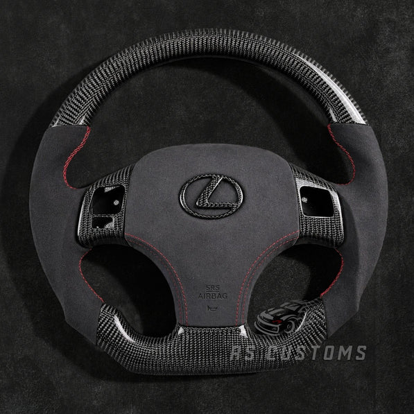 Lexus IS250 IS350 ISF carbon fiber steering wheel with Alcantara grips for 2006–2013 models featuring sporty OEM+ design and custom airbag cover option.