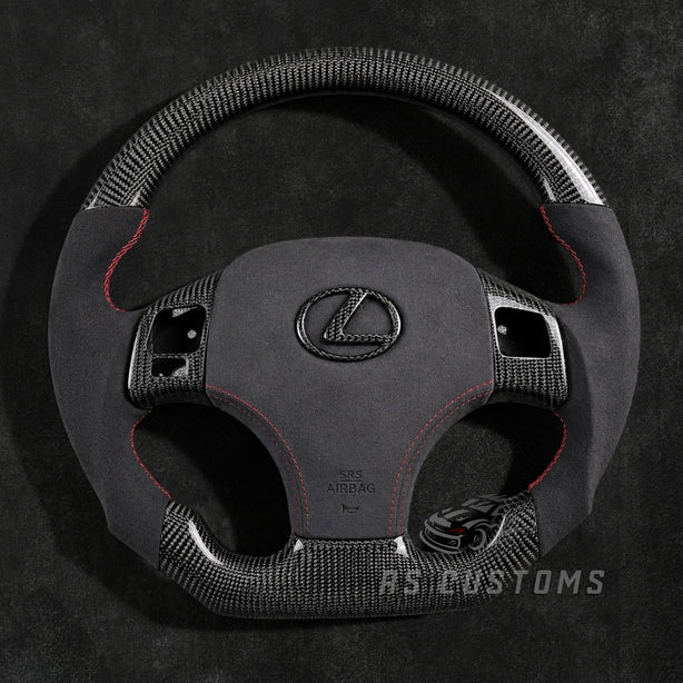 Lexus IS250 IS350 ISF carbon fiber steering wheel with Alcantara grips for 2006–2013 models featuring sporty OEM+ design and custom airbag cover option.
