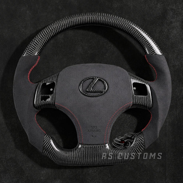 Lexus IS250 IS350 ISF carbon fiber steering wheel with Alcantara grips for 2006–2013 models featuring sporty OEM+ design and custom airbag cover option.