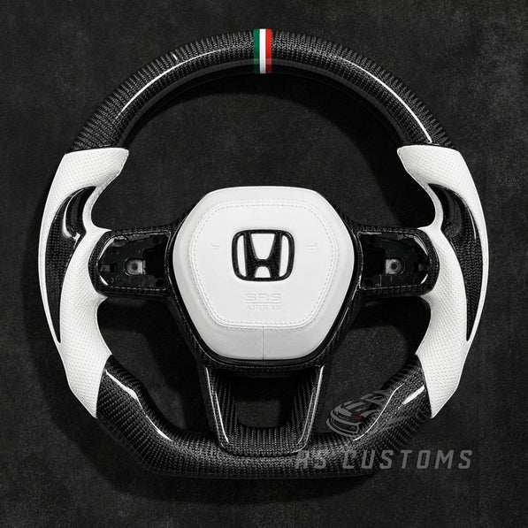 RS Customs 2014–2024 Honda Civic carbon fiber custom steering wheel with leather grips, carbon side accents, customizable stripe colors and optional leather airbag cover.