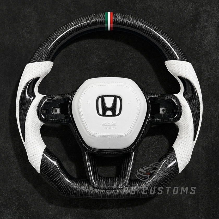 RS Customs 2014–2024 Honda Civic carbon fiber custom steering wheel with leather grips, carbon side accents, customizable stripe colors and optional leather airbag cover.