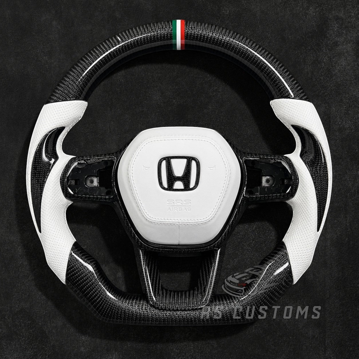 RS Customs 2014–2024 Honda Civic carbon fiber custom steering wheel with leather grips, carbon side accents, customizable stripe colors and optional leather airbag cover.