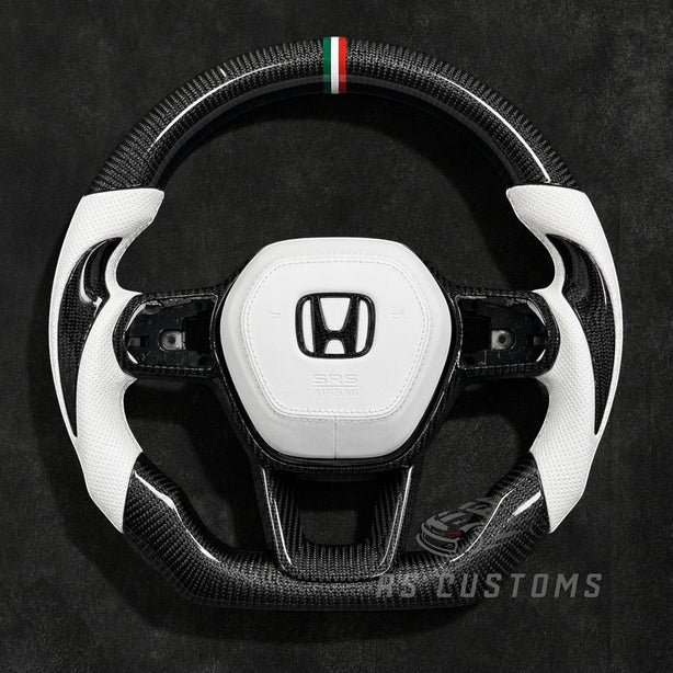 RS Customs 2014–2024 Honda Civic carbon fiber custom steering wheel with leather grips, carbon side accents, customizable stripe colors and optional leather airbag cover.