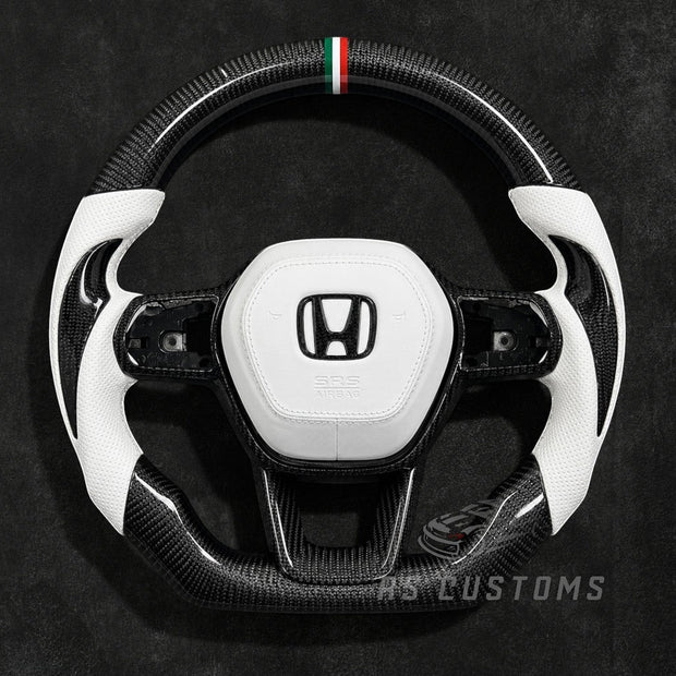 RS Customs 2014–2024 Honda Civic carbon fiber custom steering wheel with leather grips, carbon side accents, customizable stripe colors and optional leather airbag cover.