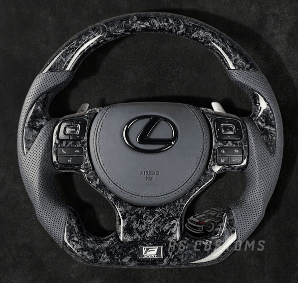 RS Customs 2017+ Lexus IS and RC forged carbon fiber custom steering wheel with perforated leather grips, forged carbon trim and optional custom airbag cover.