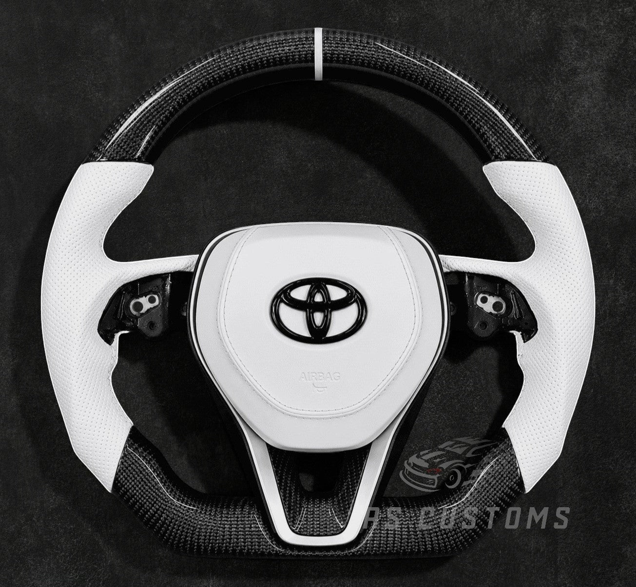 RS Customs 2018+ Toyota Corolla and Camry carbon fiber custom steering wheel with white leather grips and optional custom airbag cover in OEM+ sporty design.