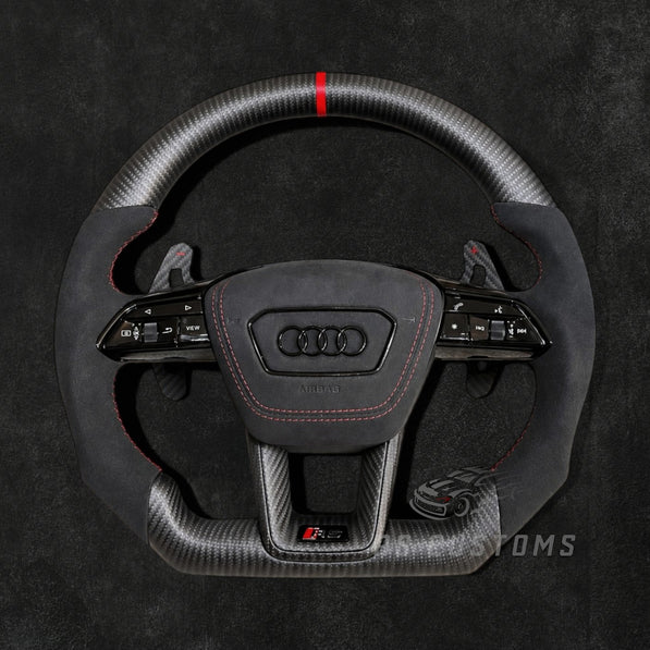 RS Customs Audi e-tron GT RS and RS C8 custom steering wheel with matte carbon fiber, Alcantara grips and optional heating for RS6, RS7, RSQ8 and e-tron models from 2019+.
