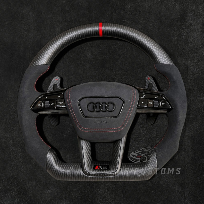 RS Customs Audi e-tron GT RS and RS C8 custom steering wheel with matte carbon fiber, Alcantara grips and optional heating for RS6, RS7, RSQ8 and e-tron models from 2019+.