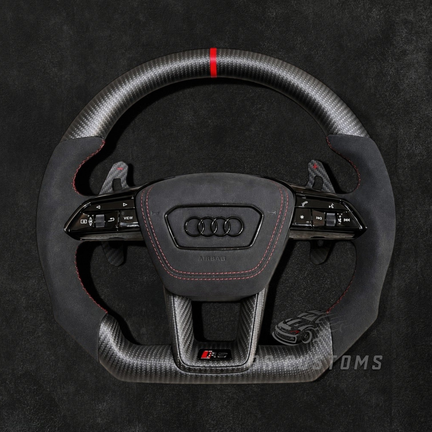 RS Customs Audi e-tron GT RS and RS C8 custom steering wheel with matte carbon fiber, Alcantara grips and optional heating for RS6, RS7, RSQ8 and e-tron models from 2019+.