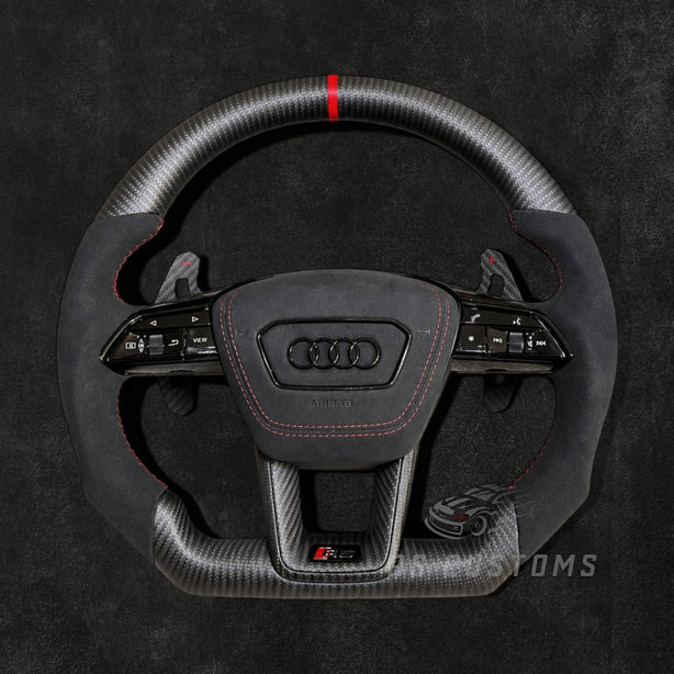 RS Customs Audi e-tron GT RS and RS C8 custom steering wheel with matte carbon fiber, Alcantara grips and optional heating for RS6, RS7, RSQ8 and e-tron models from 2019+.