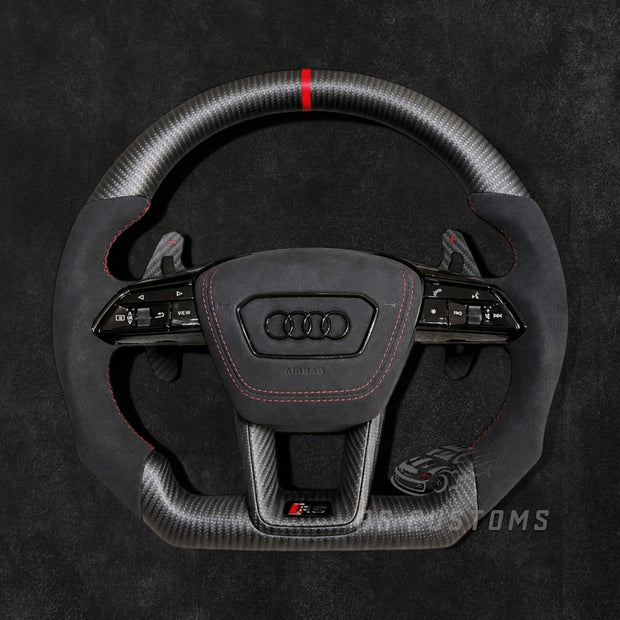RS Customs Audi e-tron GT RS and RS C8 custom steering wheel with matte carbon fiber, Alcantara grips and optional heating for RS6, RS7, RSQ8 and e-tron models from 2019+.