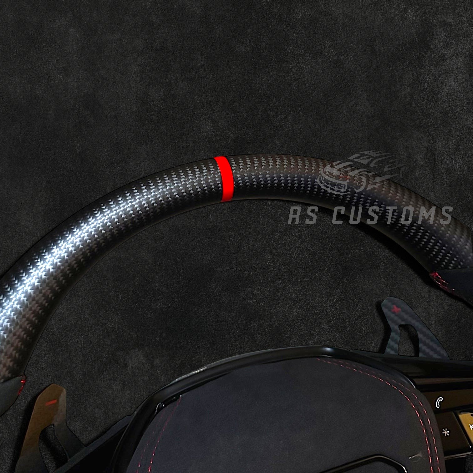 RS Customs Audi e-tron GT RS and RS C8 custom steering wheel with matte carbon fiber, Alcantara grips and optional heating for RS6, RS7, RSQ8 and e-tron models from 2019+.