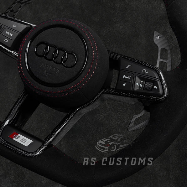 RS Customs Audi R8 and TT custom steering wheel with full Alcantara finish, carbon fiber trim, optional complete airbag, heating and OEM functionality for Audi performance models.