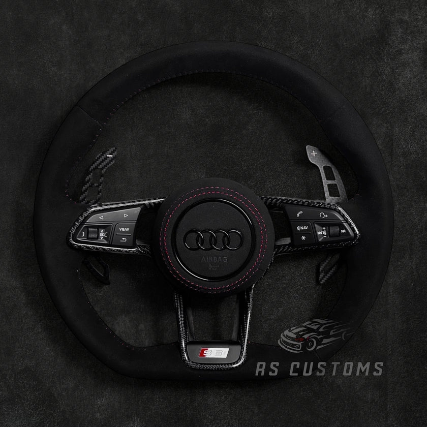 RS Customs Audi R8 and TT custom steering wheel with full Alcantara finish, carbon fiber trim, optional complete airbag, heating and OEM functionality for Audi performance models.