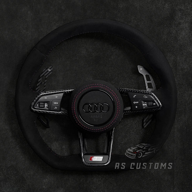 RS Customs Audi R8 and TT custom steering wheel with full Alcantara finish, carbon fiber trim, optional complete airbag, heating and OEM functionality for Audi performance models.