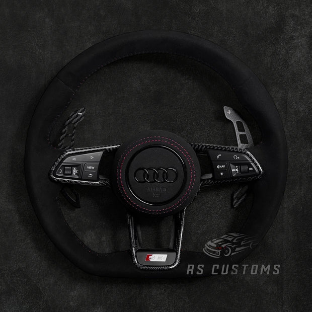 RS Customs Audi R8 and TT custom steering wheel with full Alcantara finish, carbon fiber trim, optional complete airbag, heating and OEM functionality for Audi performance models.
