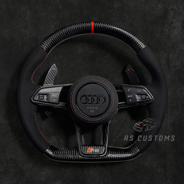 RS Customs Audi R8 and TT custom steering wheel with carbon fiber construction, Alcantara grips, carbon fiber trim, optional complete airbag and OEM functionality for Audi performance models.