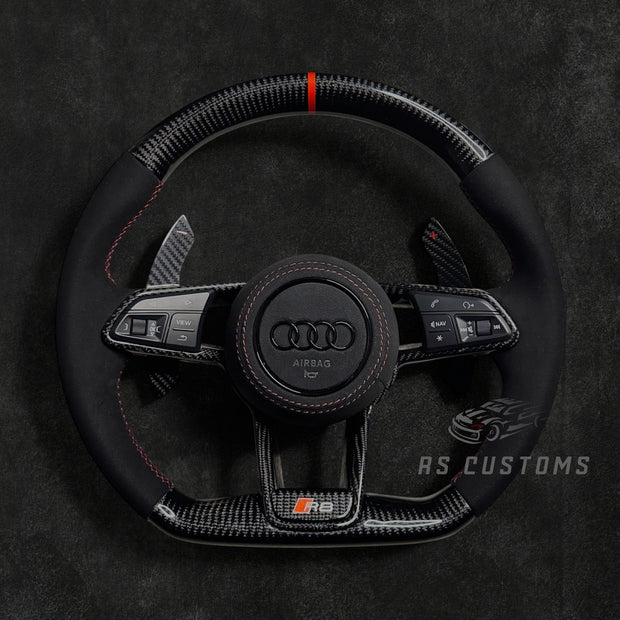 RS Customs Audi R8 and TT custom steering wheel with carbon fiber construction, Alcantara grips, carbon fiber trim, optional complete airbag and OEM functionality for Audi performance models.