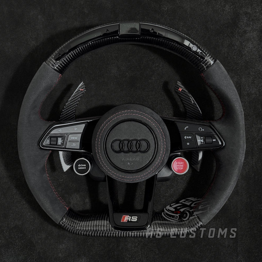RS Customs Audi R8 TT TTS TT RS custom steering wheel with carbon fiber, Alcantara grips, LED display, Drive Select button and Engine Start/Stop controls compatible with Audi models from 2014+.