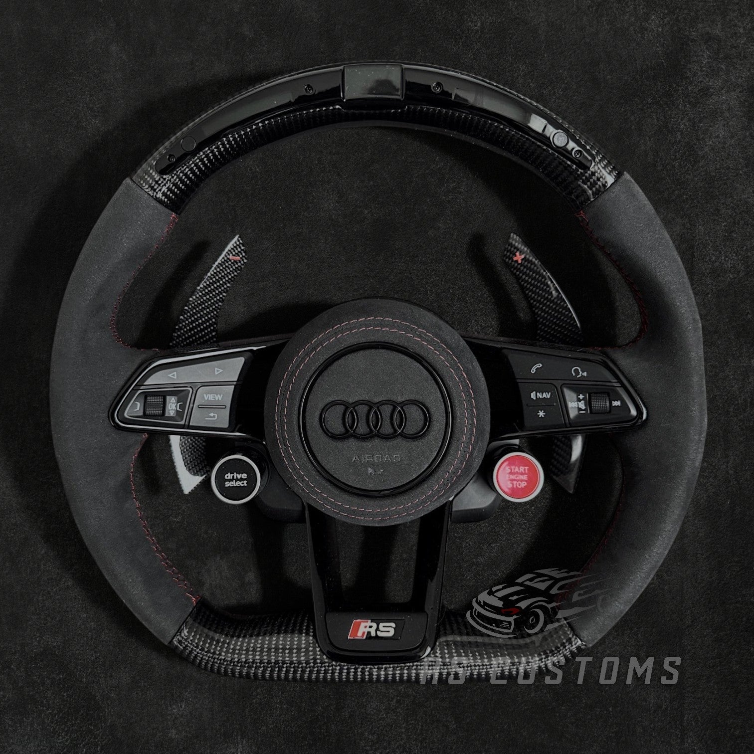 RS Customs Audi R8 TT TTS TT RS custom steering wheel with carbon fiber, Alcantara grips, LED display, Drive Select button and Engine Start/Stop controls compatible with Audi models from 2014+.