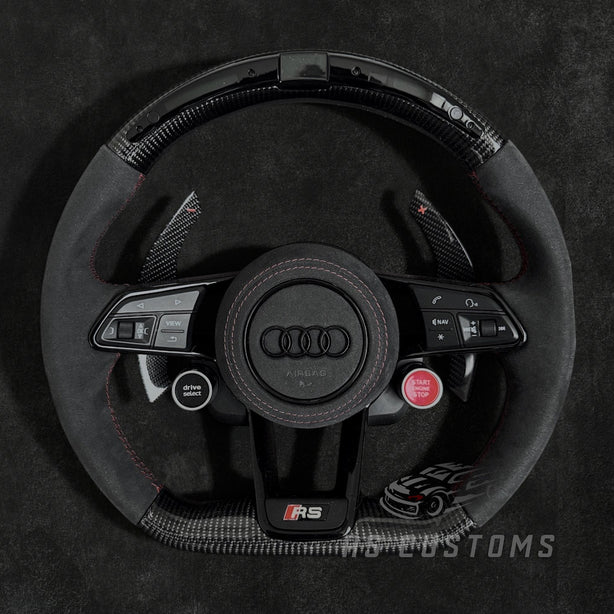 RS Customs Audi R8 TT TTS TT RS custom steering wheel with carbon fiber, Alcantara grips, LED display, Drive Select button and Engine Start/Stop controls compatible with Audi models from 2014+.