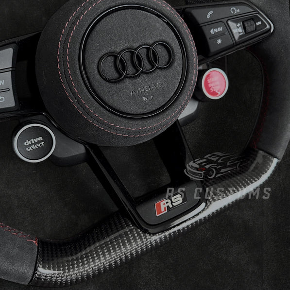 RS Customs Audi R8 TT TTS TT RS custom steering wheel with carbon fiber, Alcantara grips, LED display, Drive Select button and Engine Start/Stop controls compatible with Audi models from 2014+.