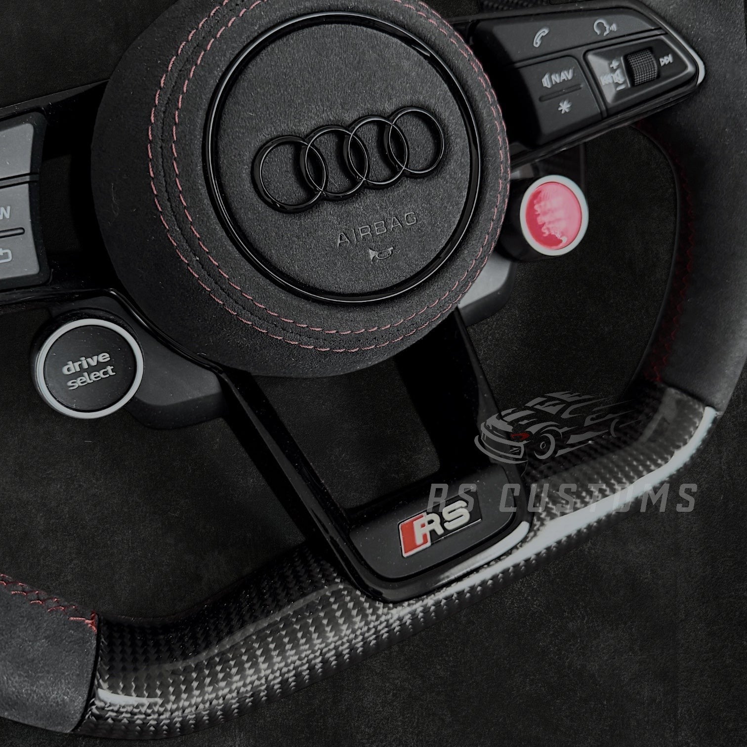 RS Customs Audi R8 TT TTS TT RS custom steering wheel with carbon fiber, Alcantara grips, LED display, Drive Select button and Engine Start/Stop controls compatible with Audi models from 2014+.