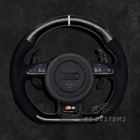 RS Customs Audi RS 8V B8.5 C7 custom steering wheel with carbon fiber, Alcantara grips and optional heating for RS3, RS4, RS5, RS6, RS7 and Audi S models.