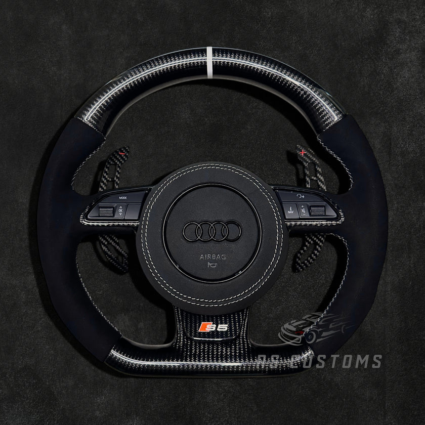RS Customs Audi RS 8V B8.5 C7 custom steering wheel with carbon fiber, Alcantara grips and optional heating for RS3, RS4, RS5, RS6, RS7 and Audi S models.