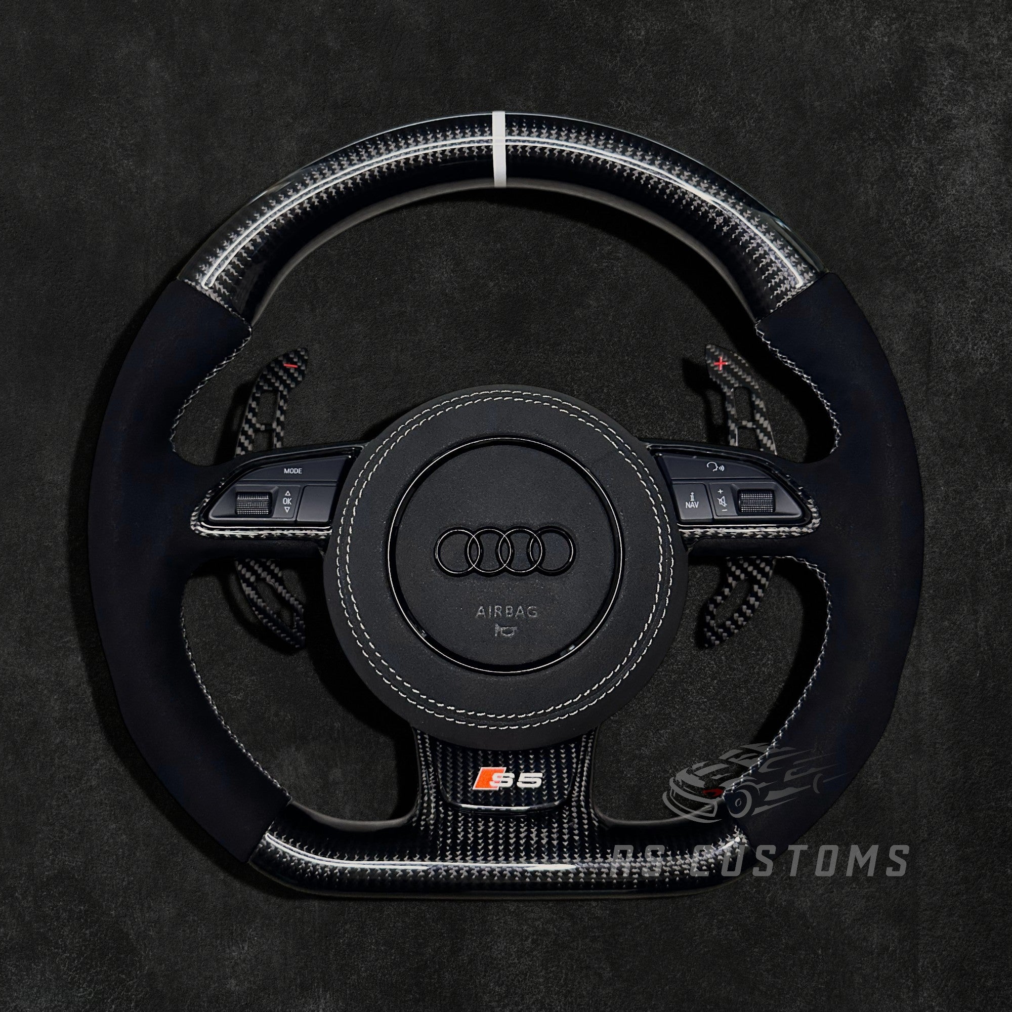 RS Customs Audi RS 8V B8.5 C7 custom steering wheel with carbon fiber, Alcantara grips and optional heating for RS3, RS4, RS5, RS6, RS7 and Audi S models.