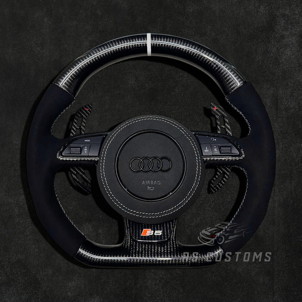 RS Customs Audi RS 8V B8.5 C7 custom steering wheel with carbon fiber, Alcantara grips and optional heating for RS3, RS4, RS5, RS6, RS7 and Audi S models.