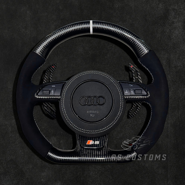 RS Customs Audi RS 8V B8.5 C7 custom steering wheel with carbon fiber, Alcantara grips and optional heating for RS3, RS4, RS5, RS6, RS7 and Audi S models.
