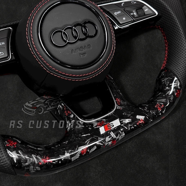 RS Customs Audi RS B9 custom steering wheel with forged carbon fiber, leather grips and customizable colored flakes for Audi RS3, RS4, RS5, RS6, RS7 and other Audi models.