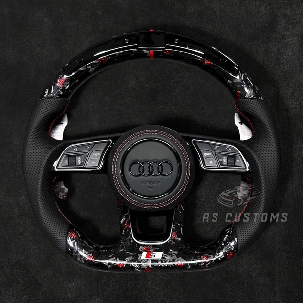RS Customs Audi RS B9 custom steering wheel with forged carbon fiber, leather grips and customizable colored flakes for Audi RS3, RS4, RS5, RS6, RS7 and other Audi models.