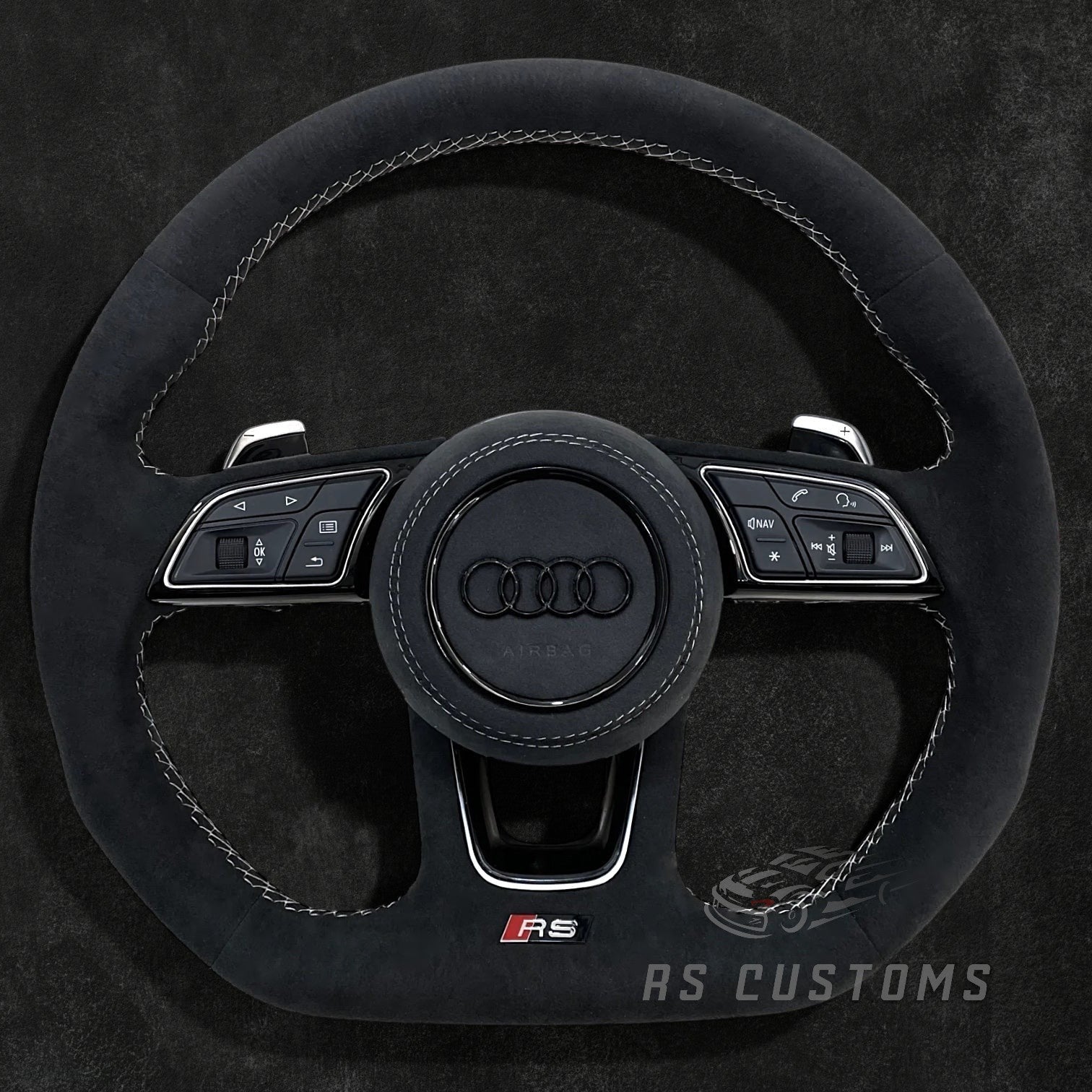 RS Customs Audi RS B9 custom steering wheel with full Alcantara finish and optional heating for Audi A, S, RS, Q and R models from 2012+.