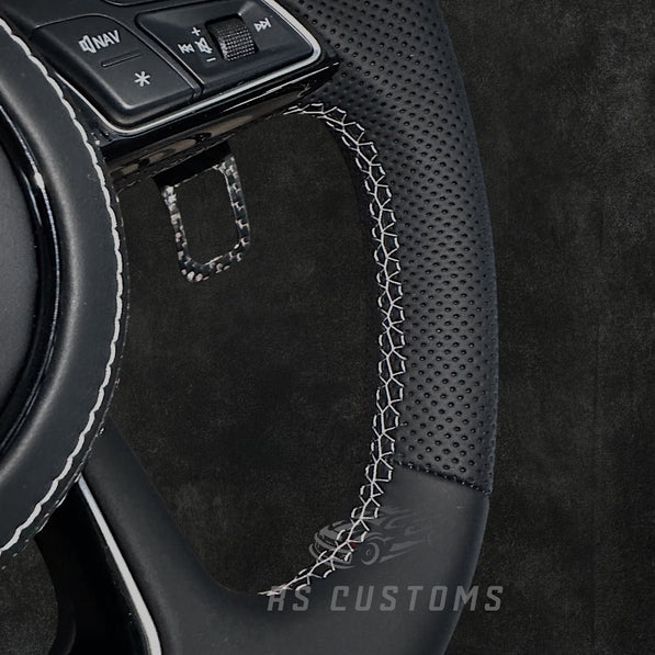 RS Customs Audi RS B9 flat bottom custom steering wheel with full leather finish and optional heating for Audi A, S, RS, Q and R models from 2012+.