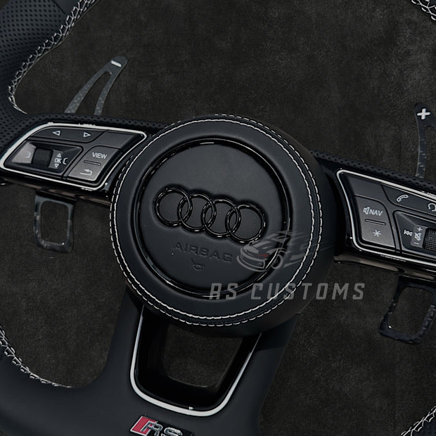 RS Customs Audi RS B9 flat bottom custom steering wheel with full leather finish and optional heating for Audi A, S, RS, Q and R models from 2012+.