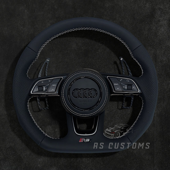 RS Customs Audi RS B9 flat bottom custom steering wheel with full leather finish and optional heating for Audi A, S, RS, Q and R models from 2012+.