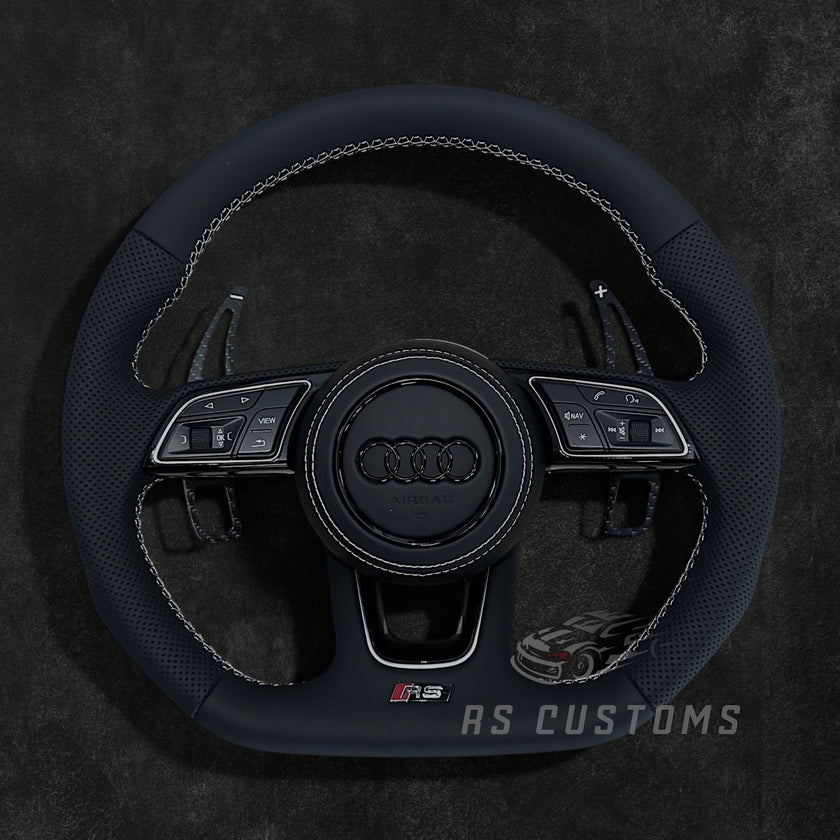 RS Customs Audi RS B9 flat bottom custom steering wheel with full leather finish and optional heating for Audi A, S, RS, Q and R models from 2012+.