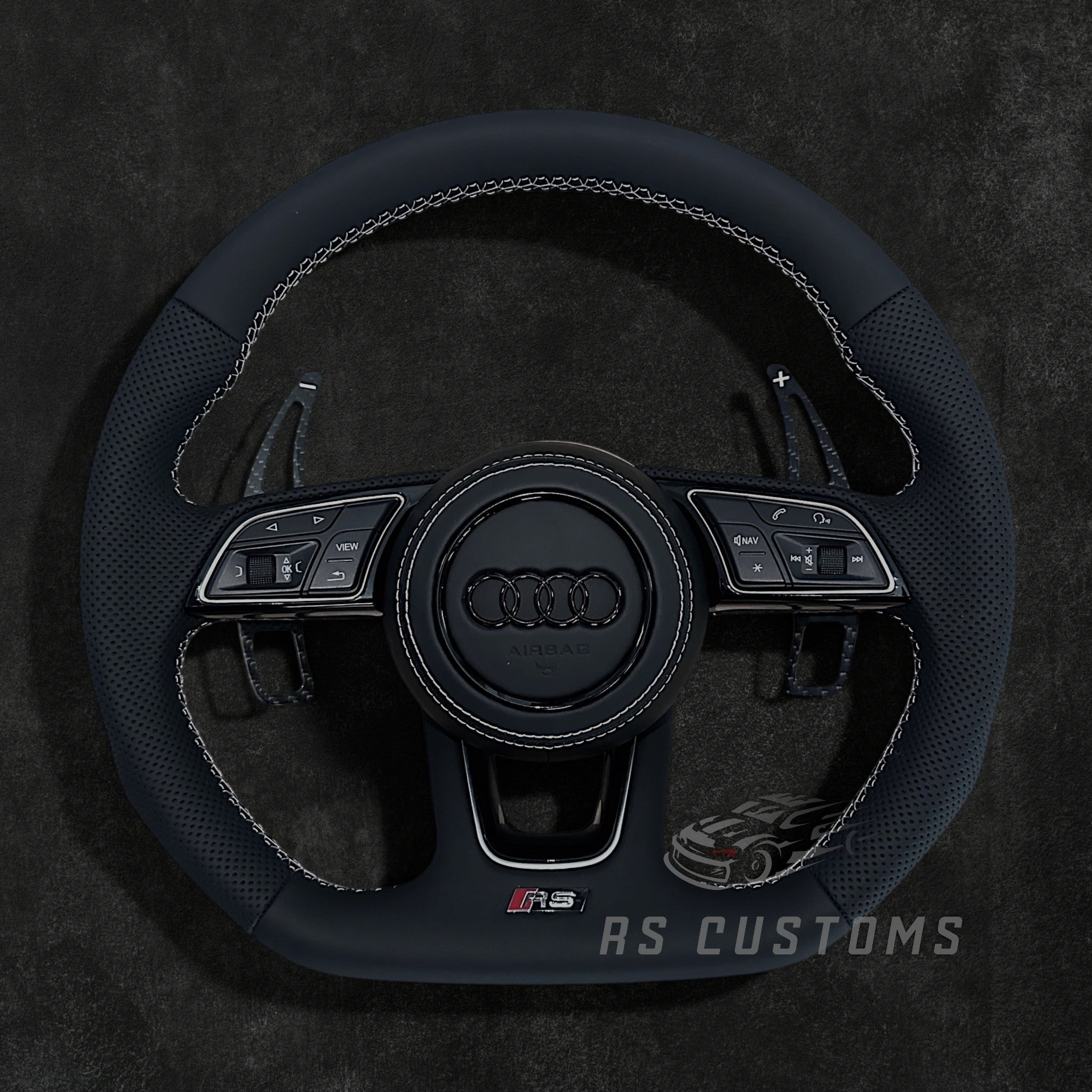 RS Customs Audi RS B9 flat bottom custom steering wheel with full leather finish and optional heating for Audi A, S, RS, Q and R models from 2012+.