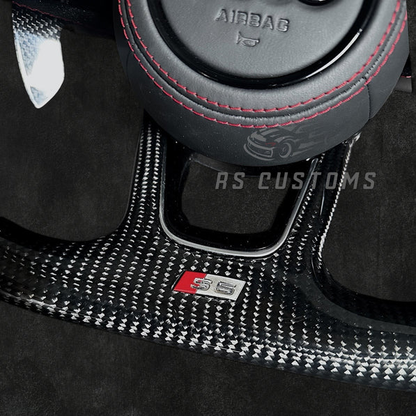 RS Customs Audi RS B9-style custom steering wheel with carbon fiber, perforated leather grips and optional heating for Audi A, S, RS, Q and R models from 2012+.